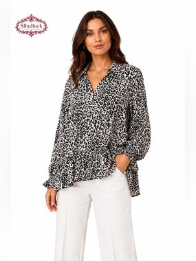 Cato XL Black White Leopard Print Metallic Peplum Blouse Relaxed Fit